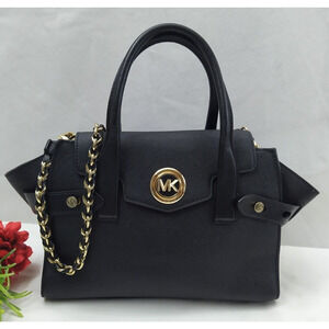 Michael Kors Carmen Black Crossgrain Leather Logo Top Handle Satchel Bag